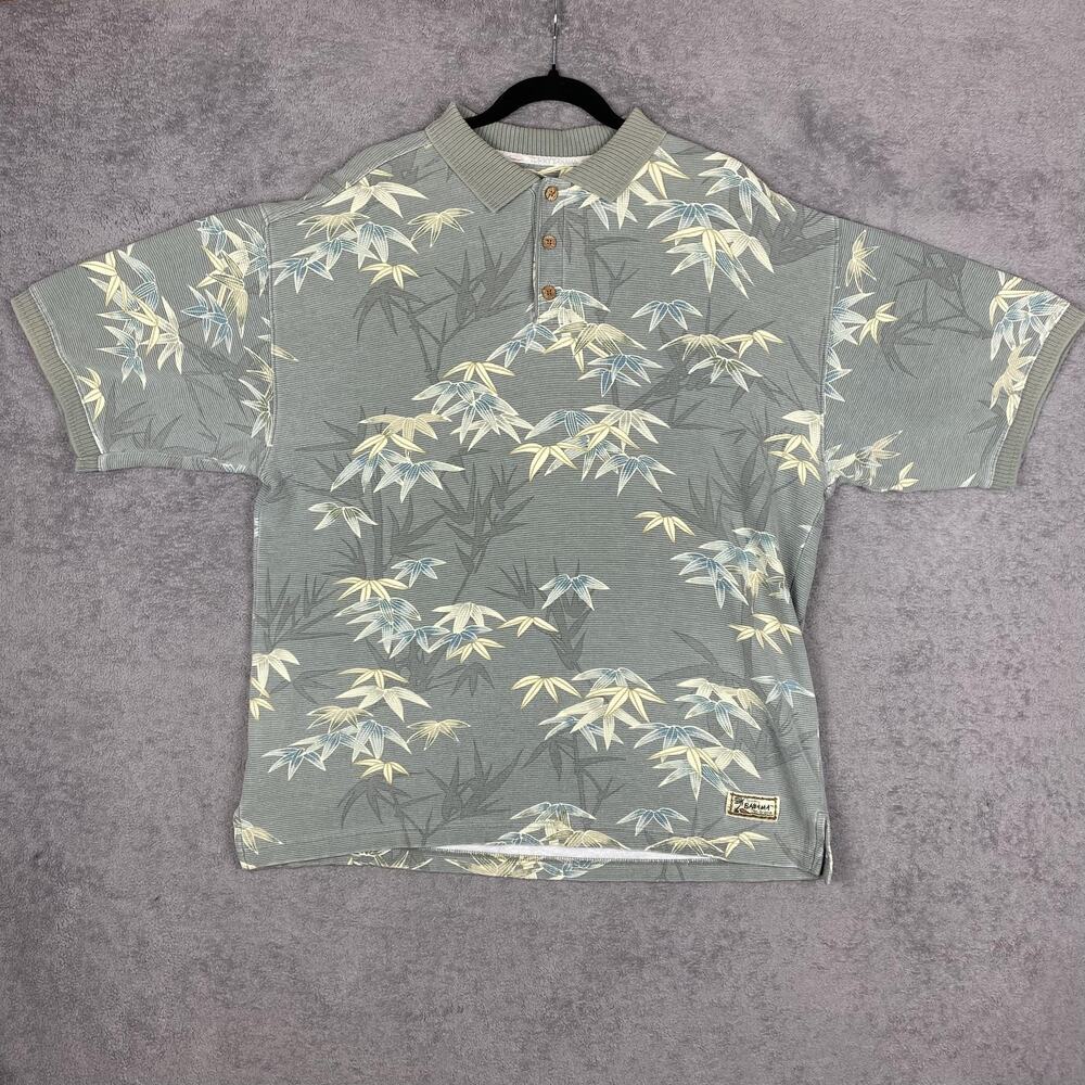 Tommy Bahama Polo Shirt Mens Large Gray Bamboo Leaf Hawaiian Tropical Cotton - Picture 1 of 15